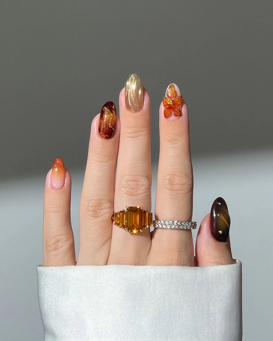 beautiful fall nail art ideas 2026 Autumn Amber and Tortoiseshell Nails