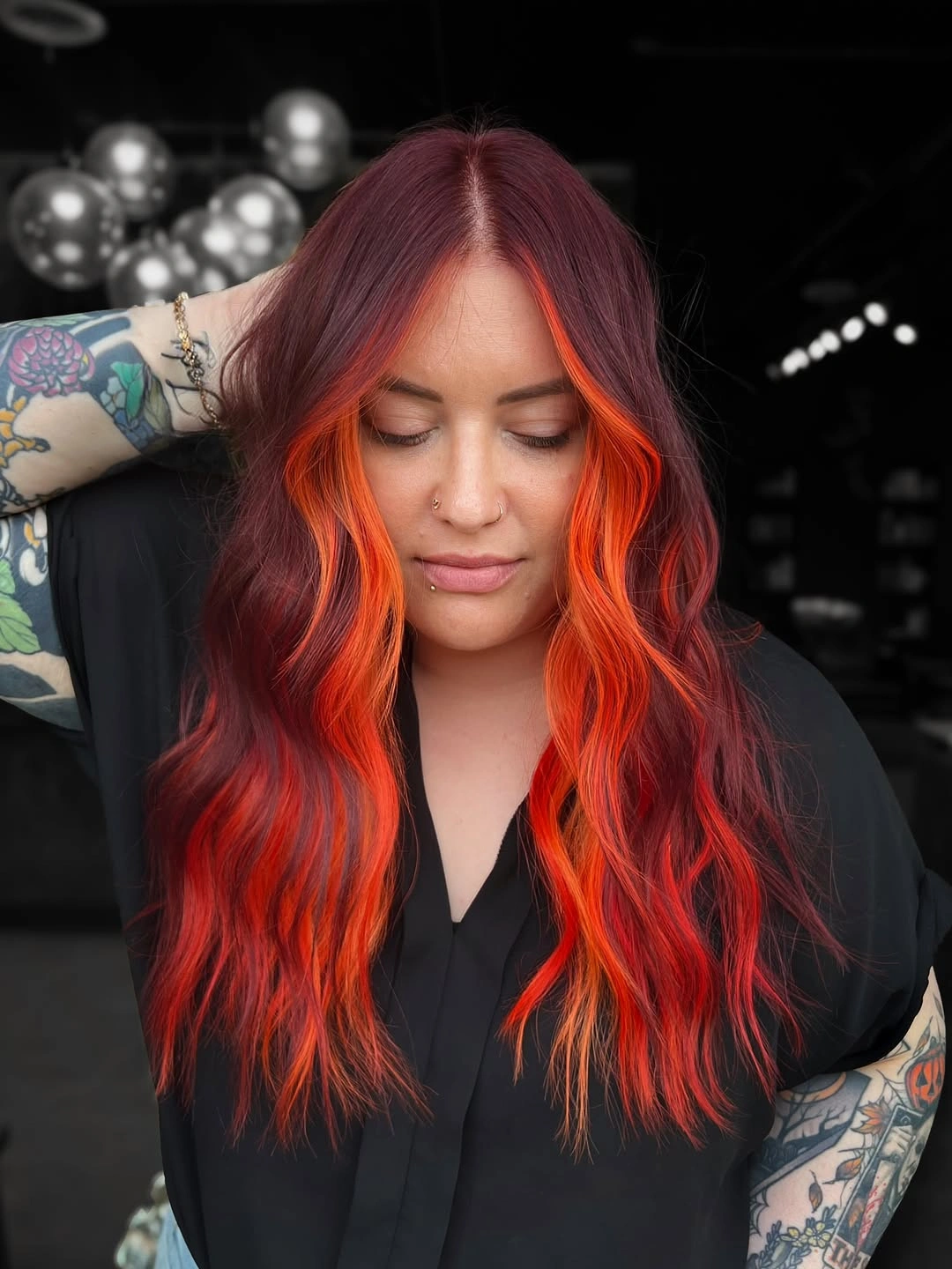 beautiful september hair colour trends 2026 Dark Cherry Hair With Electric Orange Ribbons