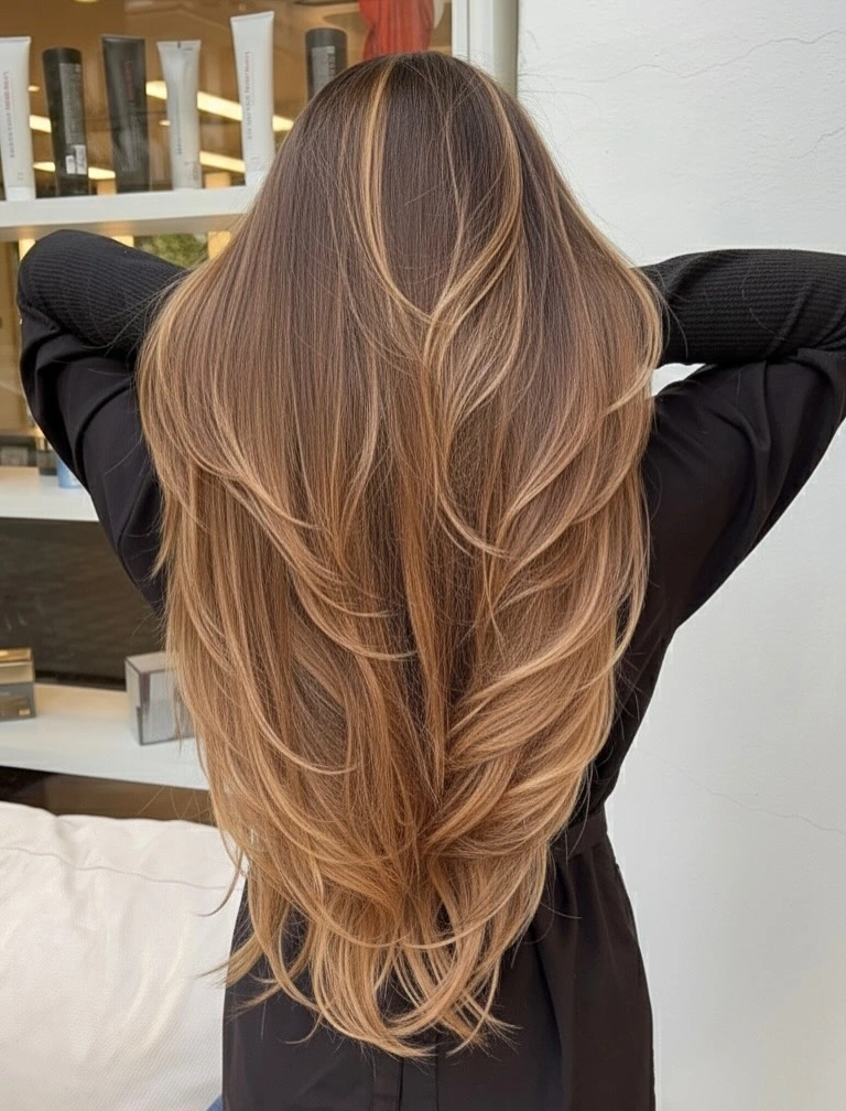 beautiful september hair colour trends 2026 Caramel Ribbon Brunette With Airy Layers
