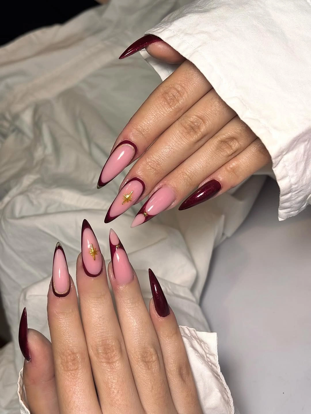 chic fall burgundy nails with design Soft Pink Almond Nails With Burgundy French Details