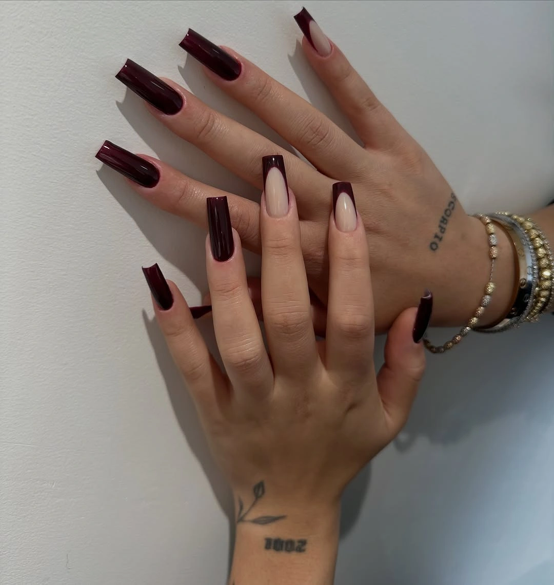 chic fall burgundy nails with design Long Burgundy Coffin Nails With Negative Space