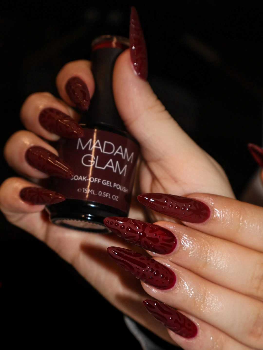 chic fall burgundy nails with design - Dark Burgundy Almond Nails With Tonal Texture