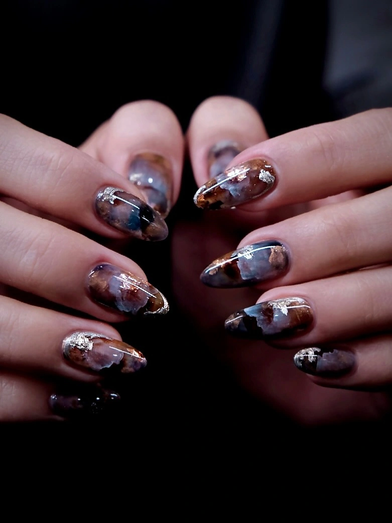 chic fall dark nail shadow ideas 2026 - Smoky Autumn Marble With Copper Foil