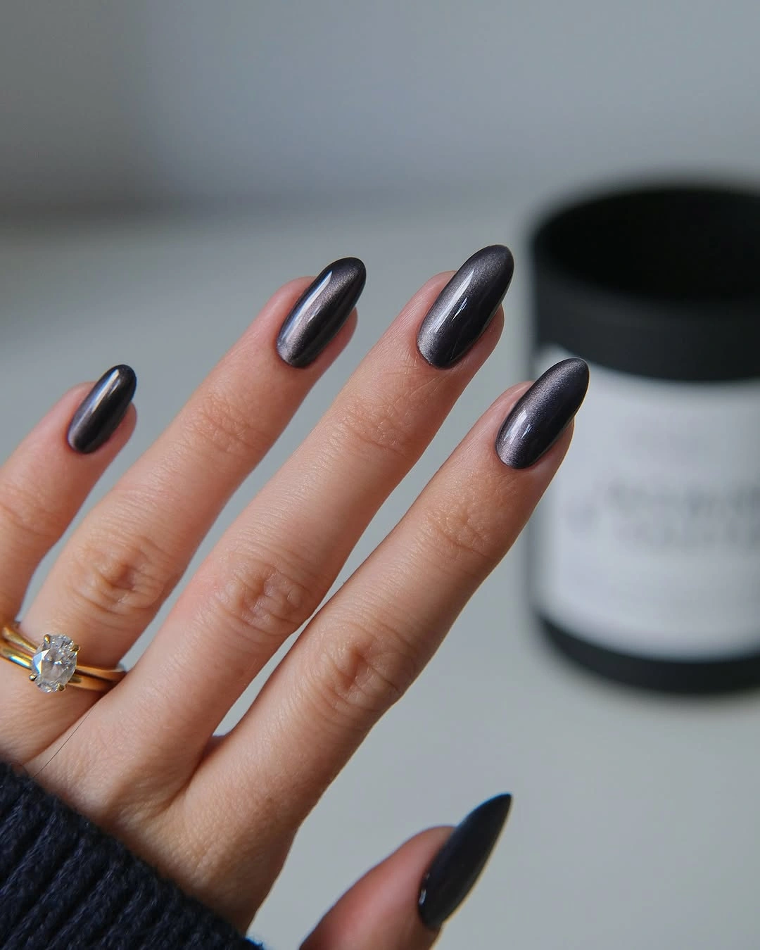 chic fall dark nail shadow ideas 2026 - Gunmetal Chrome Almond Nails