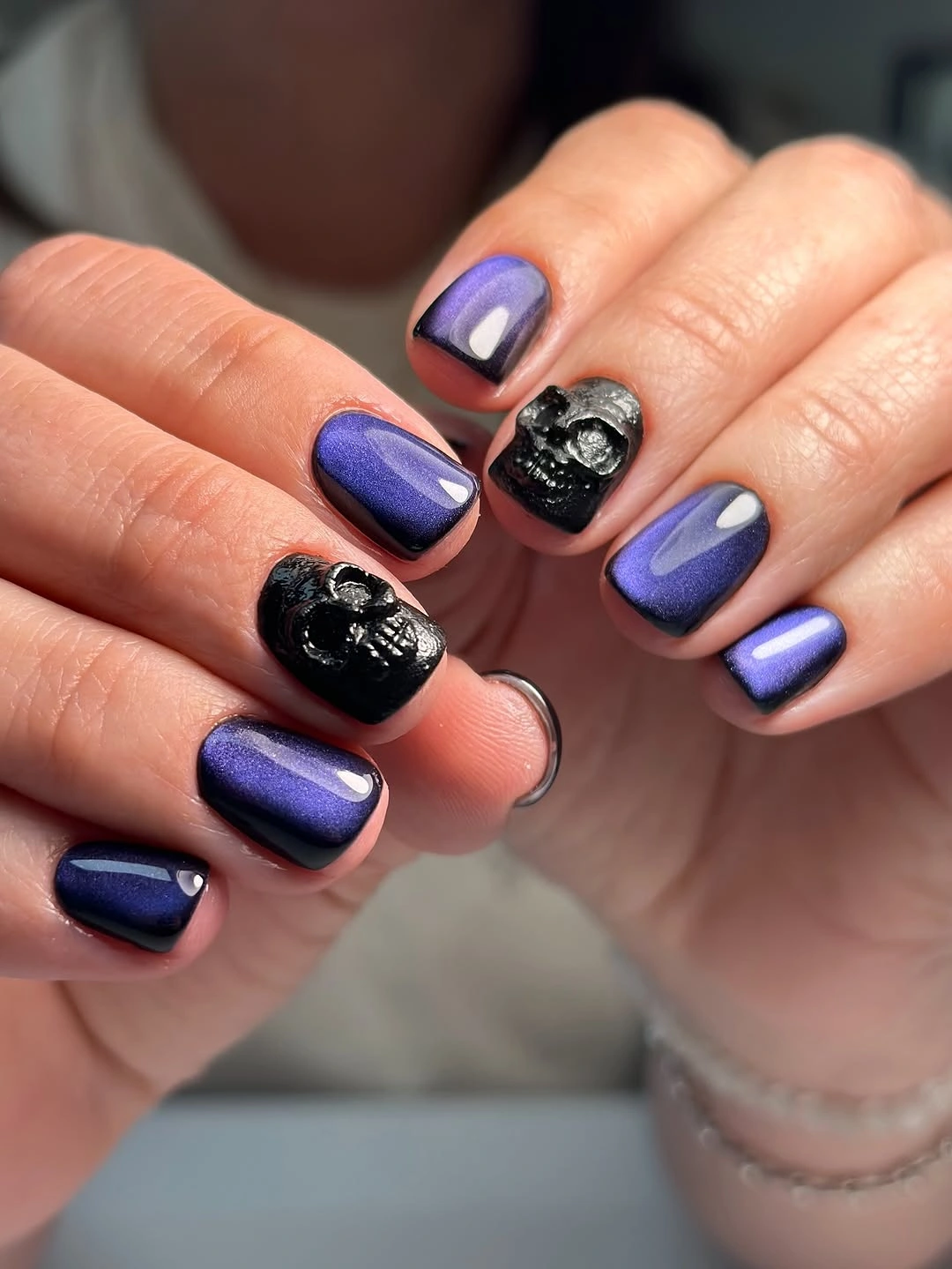 chic fall dark nail shadow ideas 2026 - Midnight Violet With Sculptural Black Accents