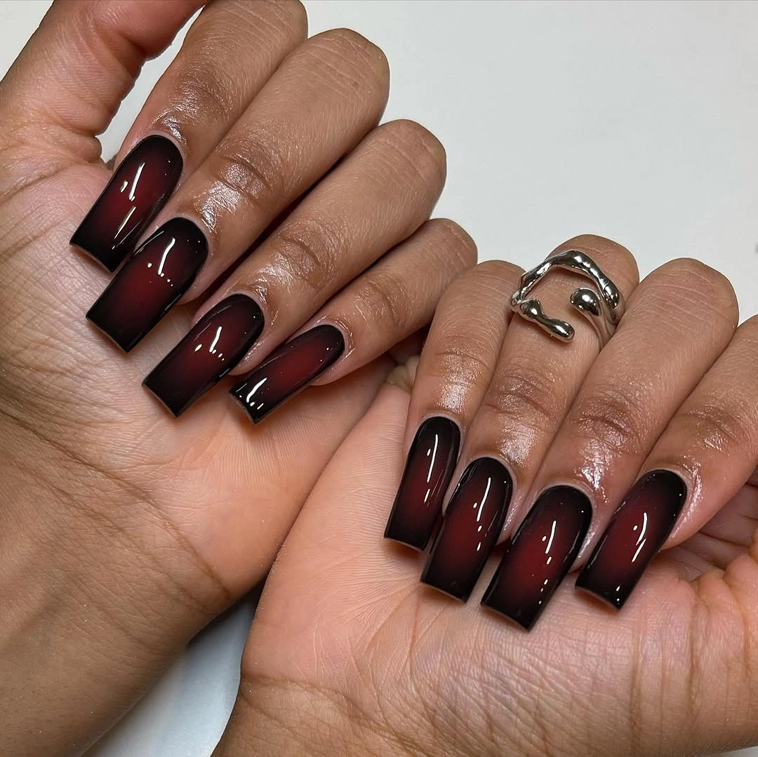 chic fall dark nail shadow ideas 2026 - Black Cherry Ombre Coffin Nails