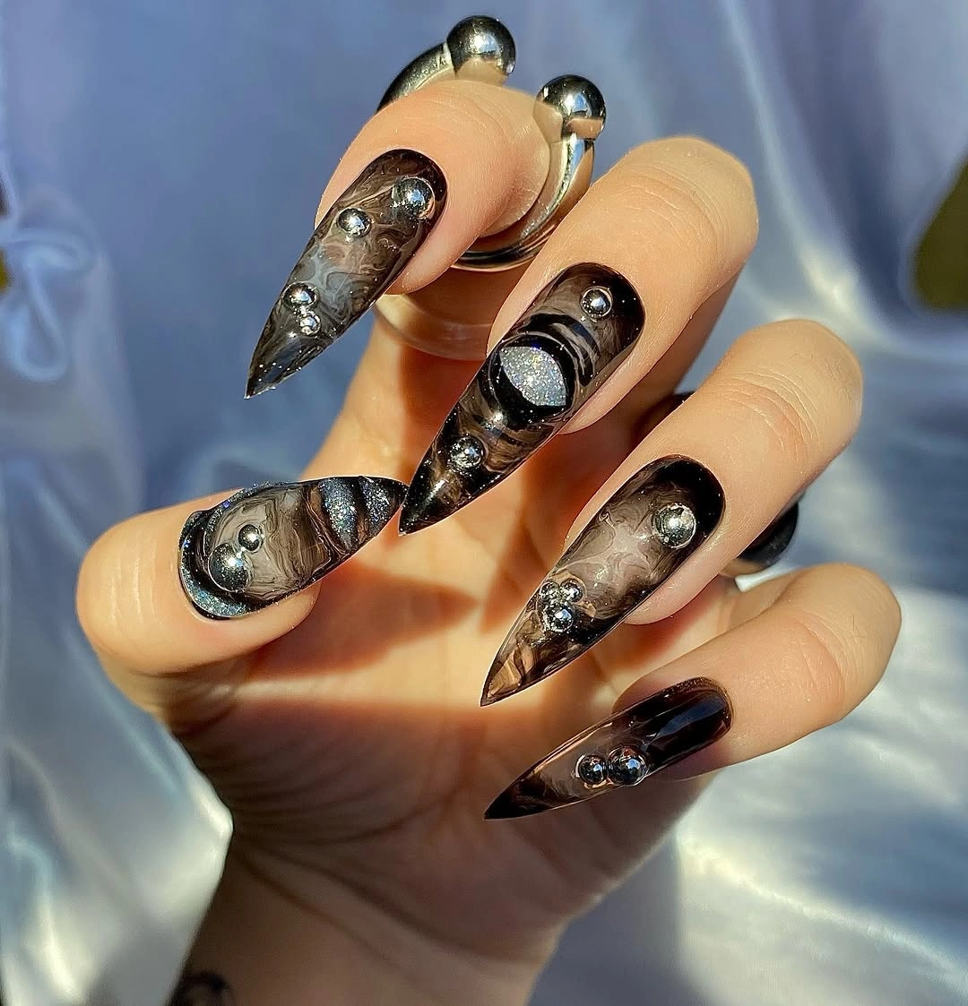 chic fall dark nail shadow ideas 2026 - Gothic Silver Chrome With 3D Details