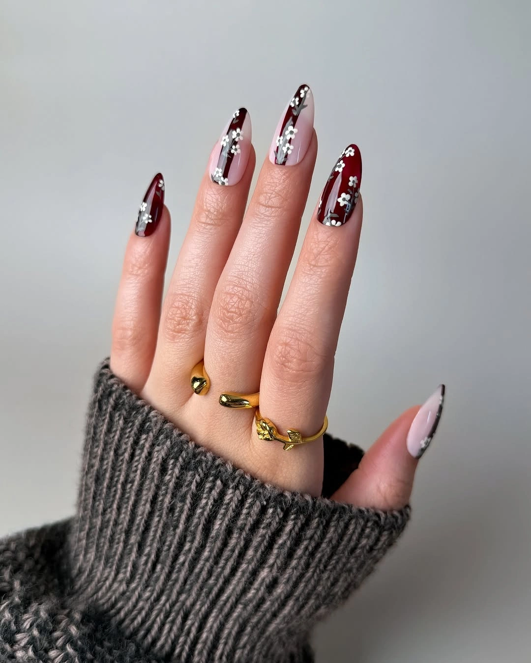 chic fall dark nail shadow ideas 2026 - Burgundy Floral Gothic Nails