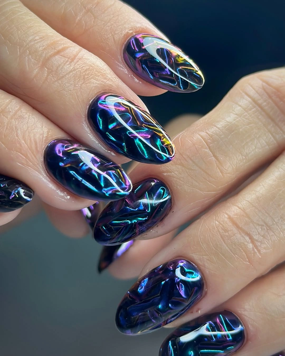 chic fall dark nail shadow ideas 2026 - Electric Midnight Blue Chrome Nails