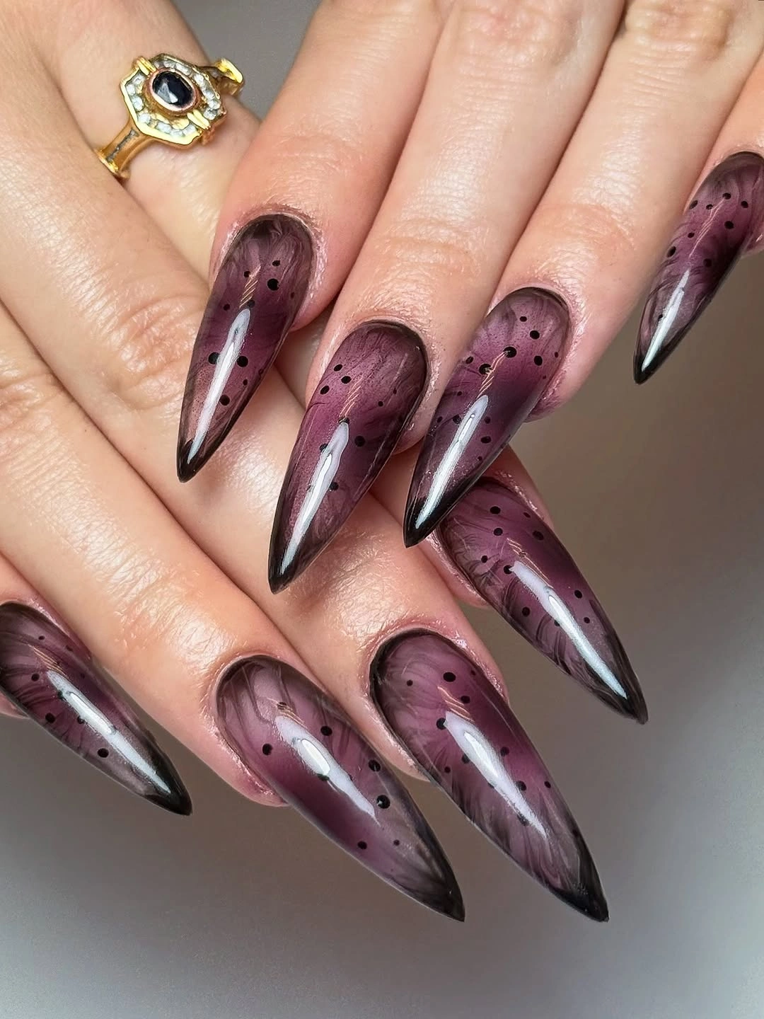 chic fall dark nail shadow ideas 2026 - Sheer Blackberry Stiletto Nails With Black Micro Details