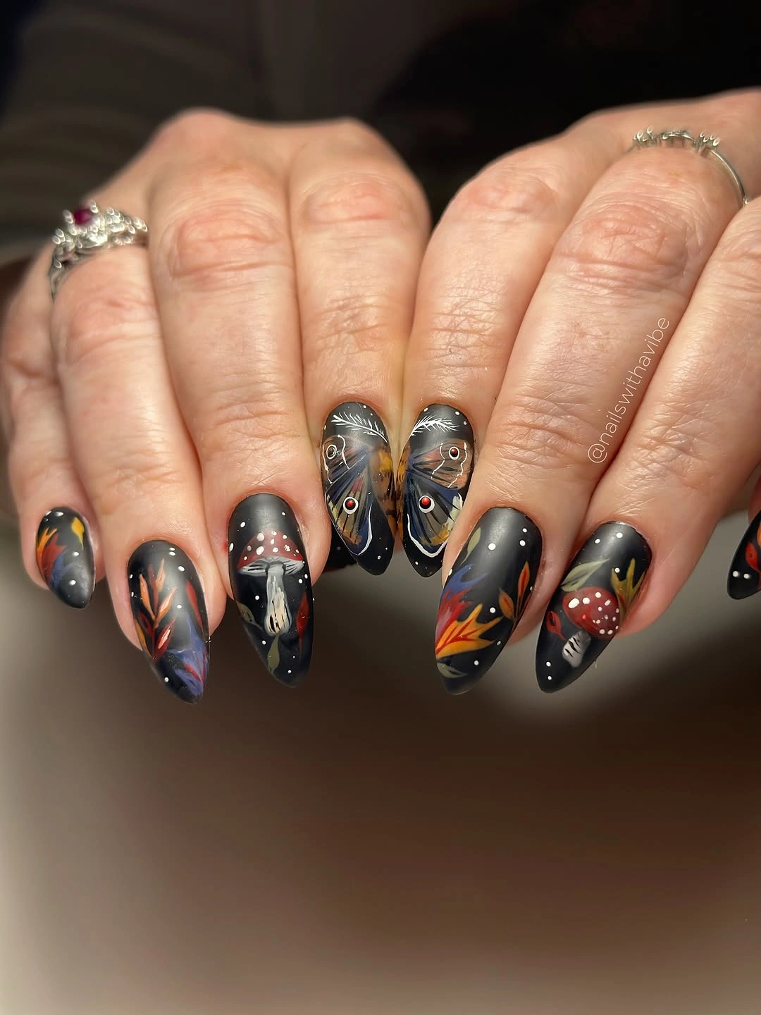chic fall dark nail shadow ideas 2026 - Gothic Autumn Nail Art With Mushrooms, Leaves and Midnight Details