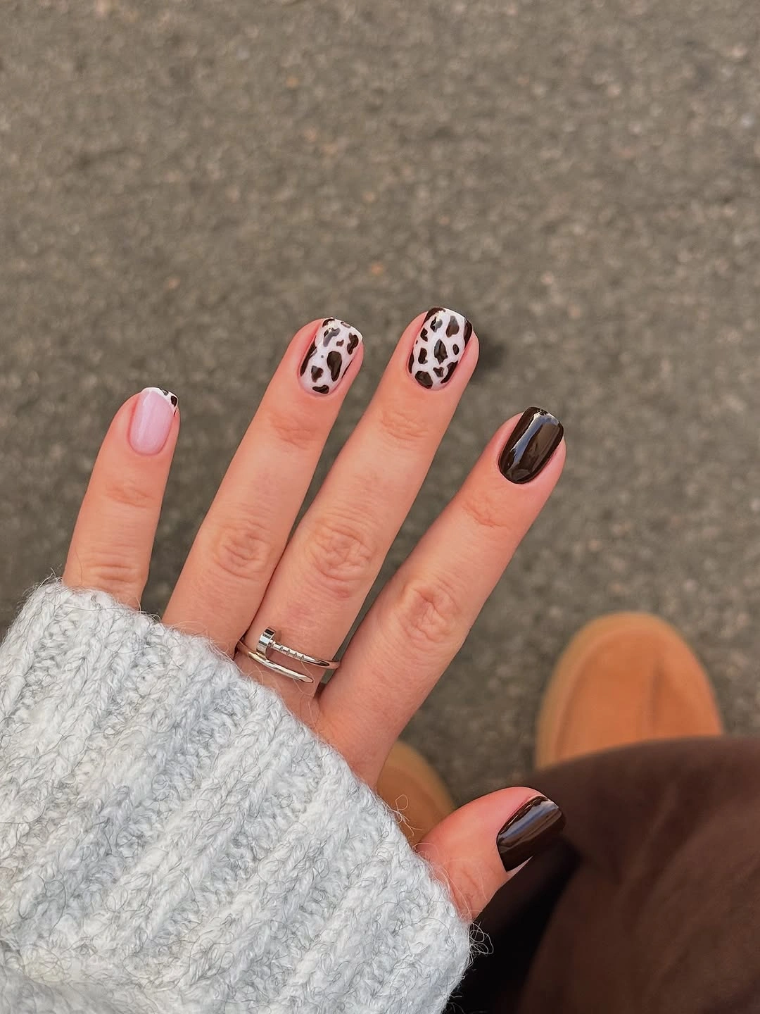 chic fall gel nails ideas 2026 - Short Leopard Nails With Chocolate Brown Accents