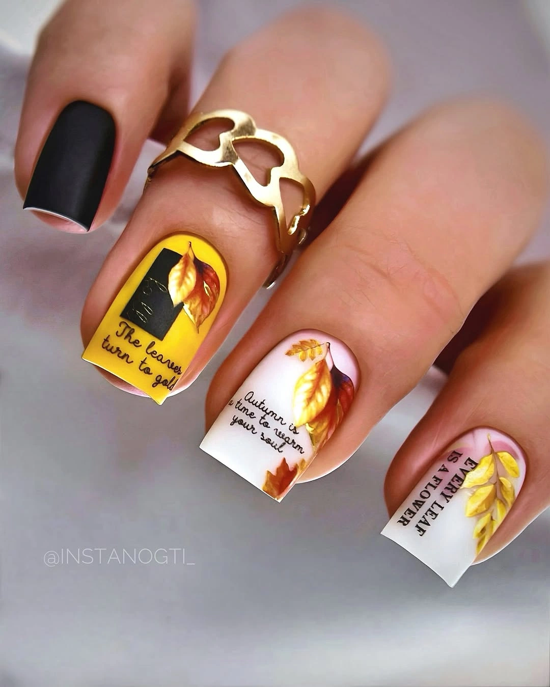 chic fall gel nails ideas 2026 autumn leaves yellow black and white manicure