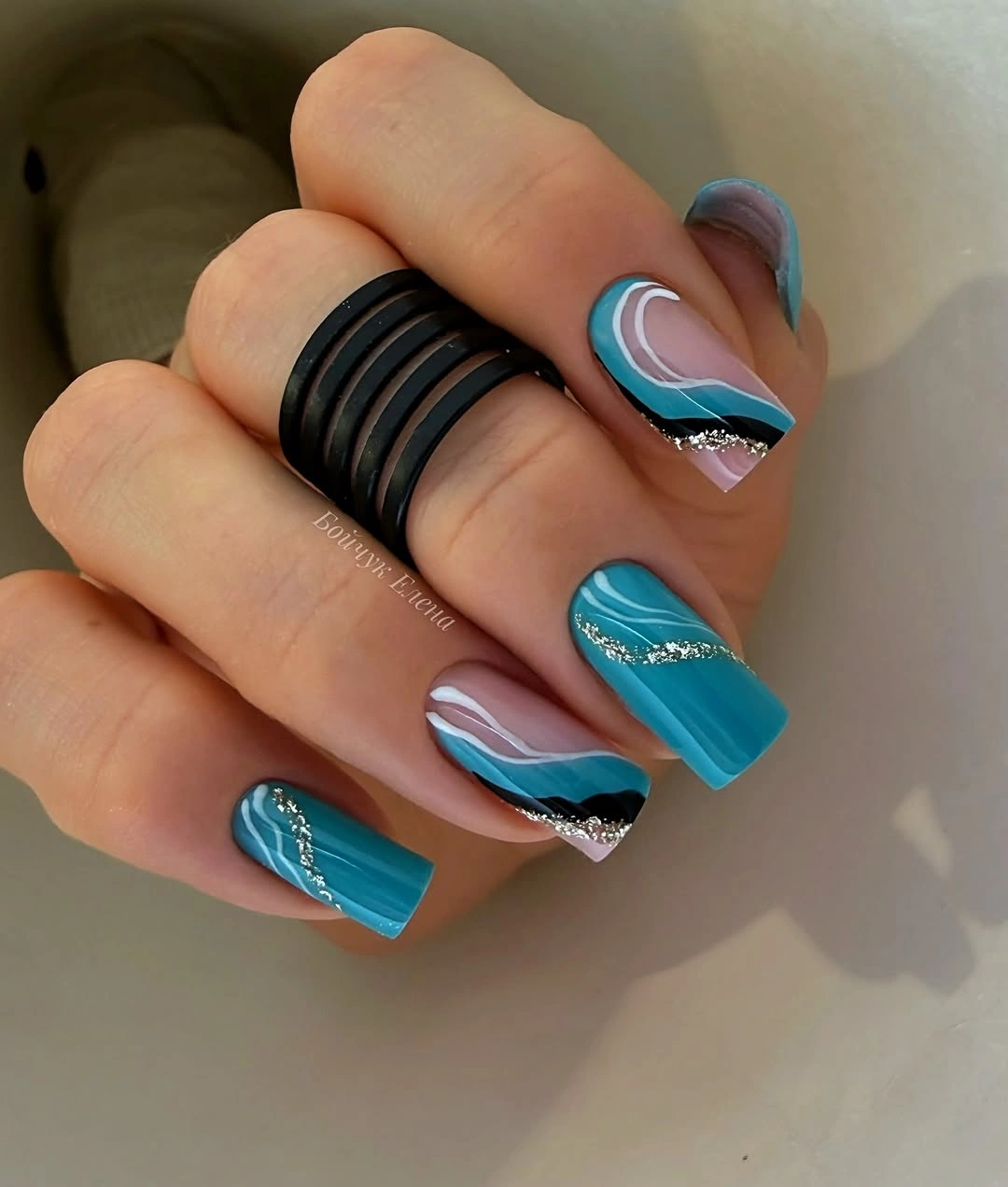 chic fall gel nails ideas 2026 teal blue chrome wavy long manicure