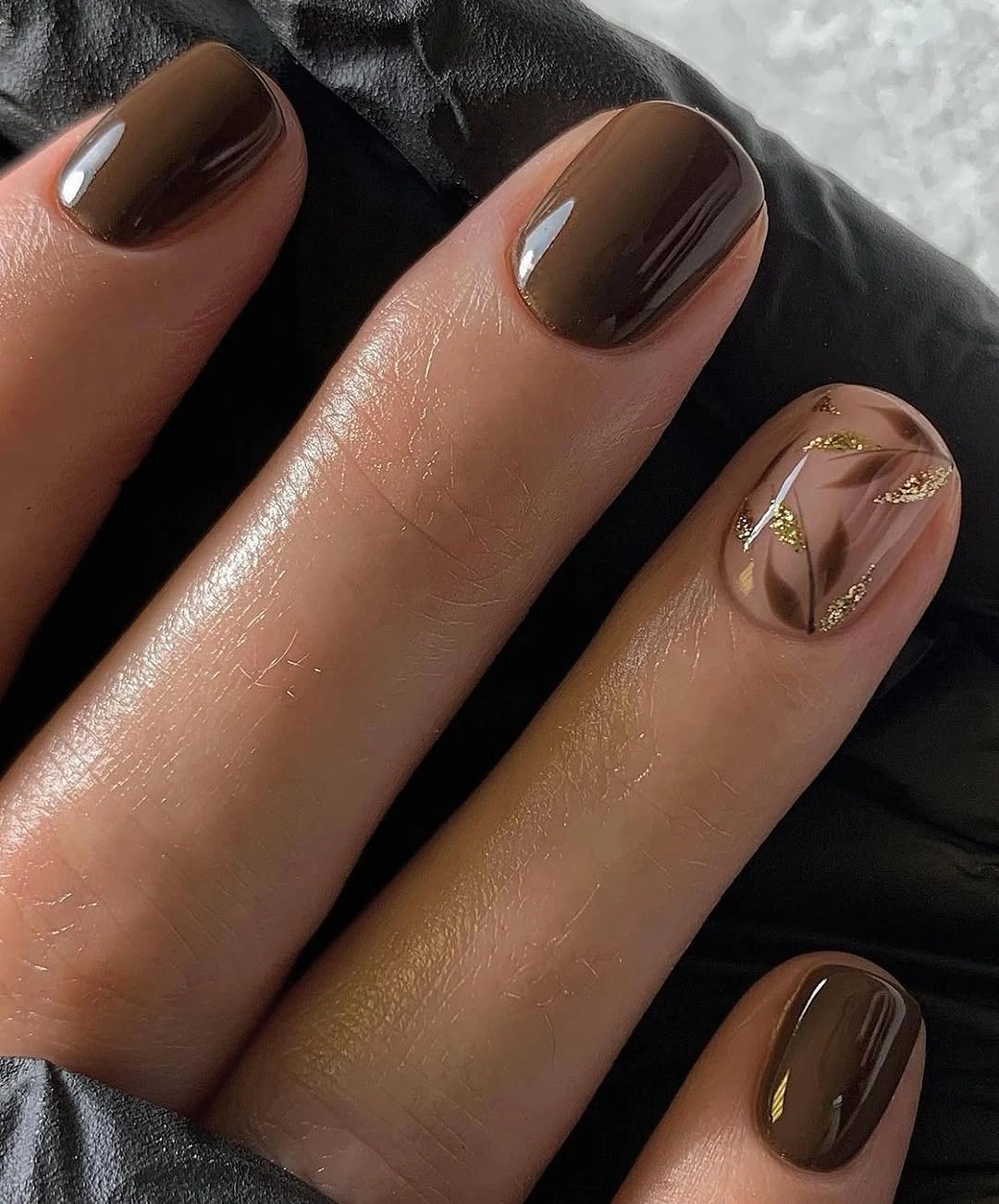 chic fall nail designs for all skin tones 2026 Rich Espresso Nails with Delicate Gold Accents