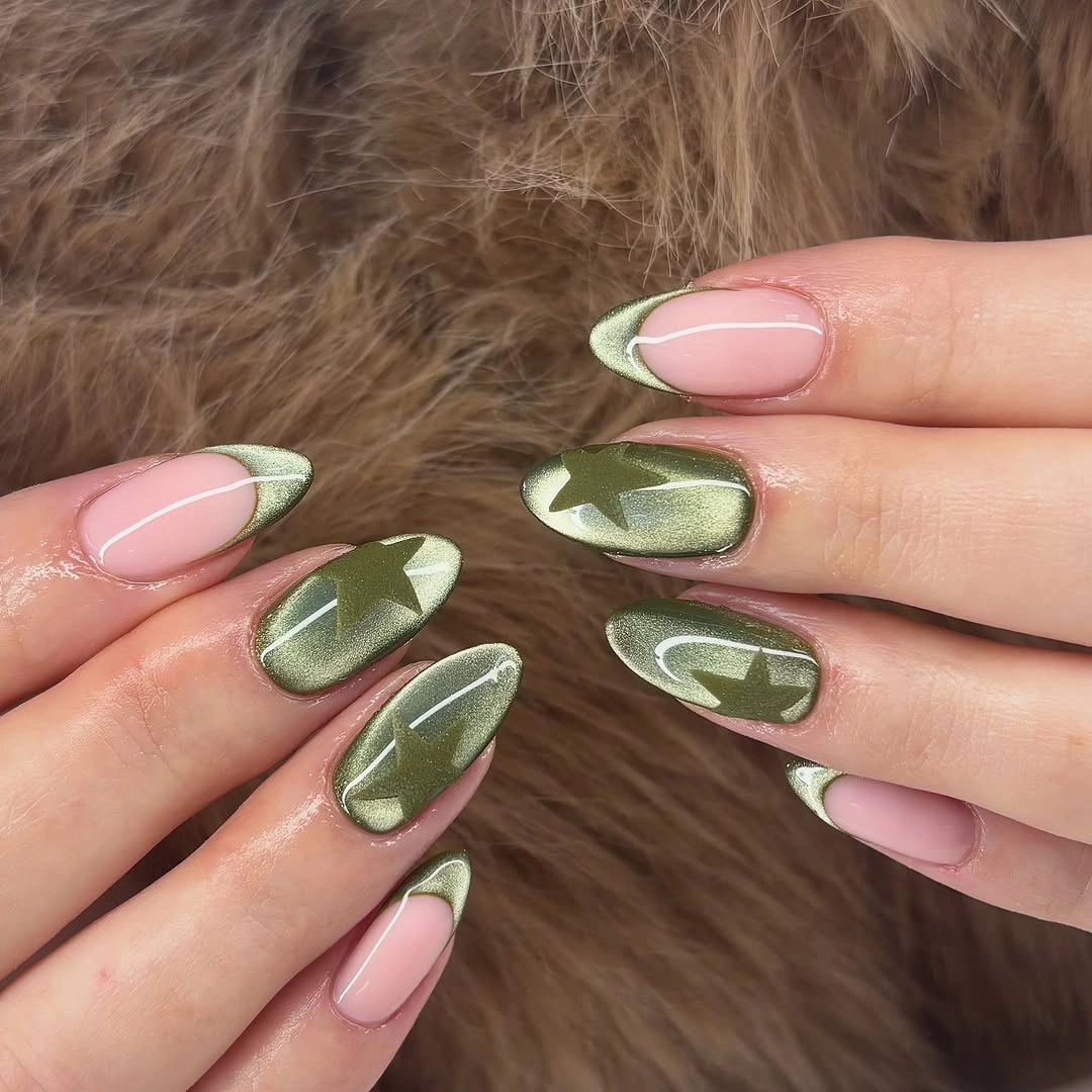 chic fall nail designs for all skin tones 2026 Olive Cat-Eye French With Modern Star Accents