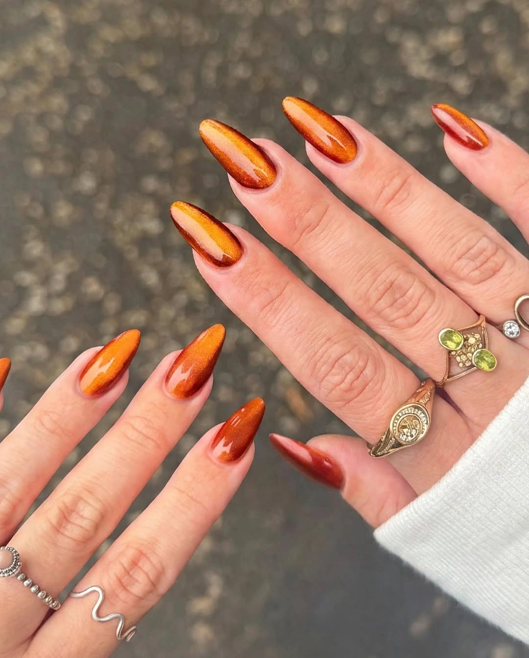 chic fall nail designs for all skin tones 2026 Burnt Orange Velvet Cat Eye