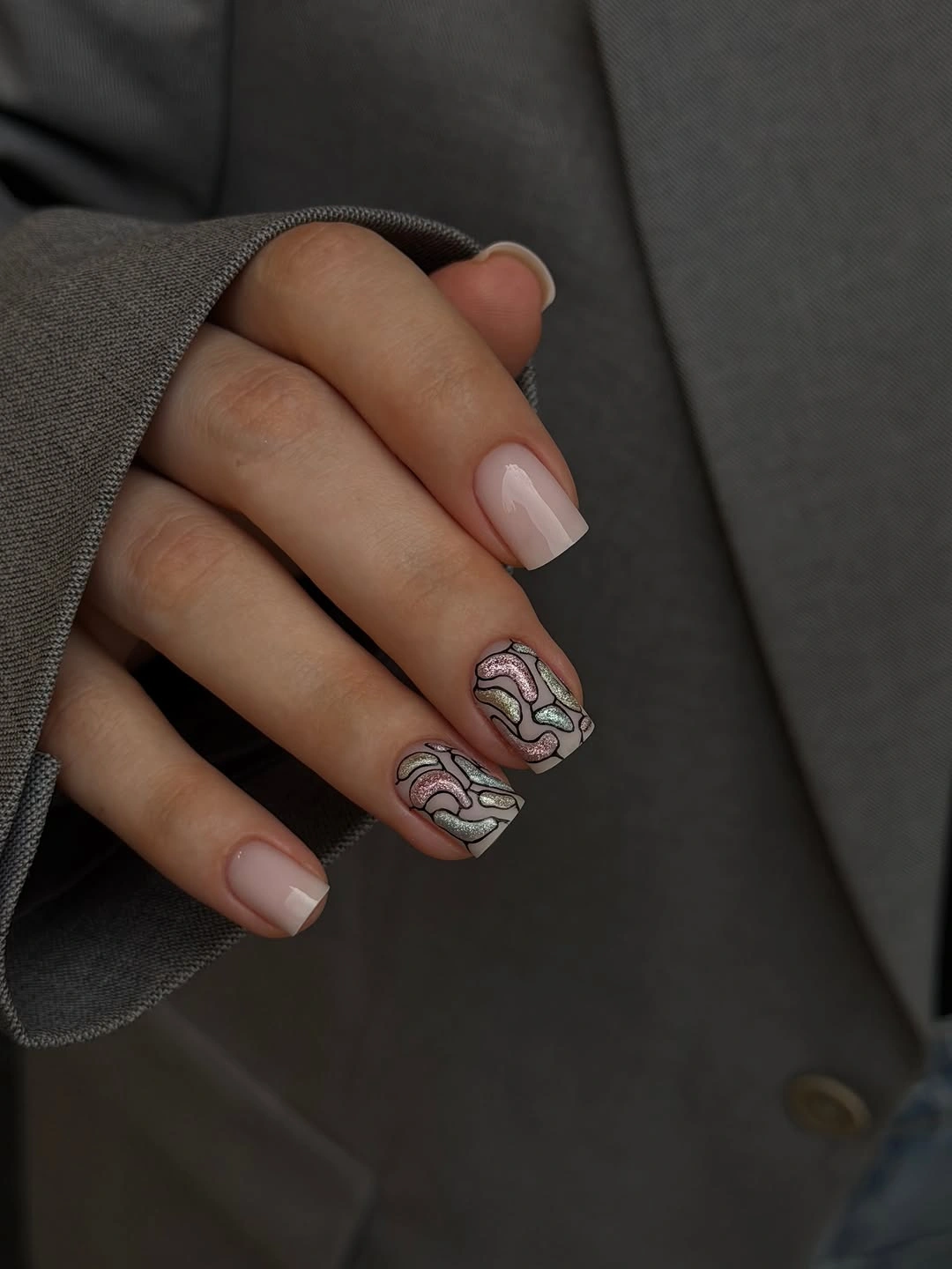 chic fall nail designs for office 2026 Neutral Abstract Art with Soft Metallic Waves