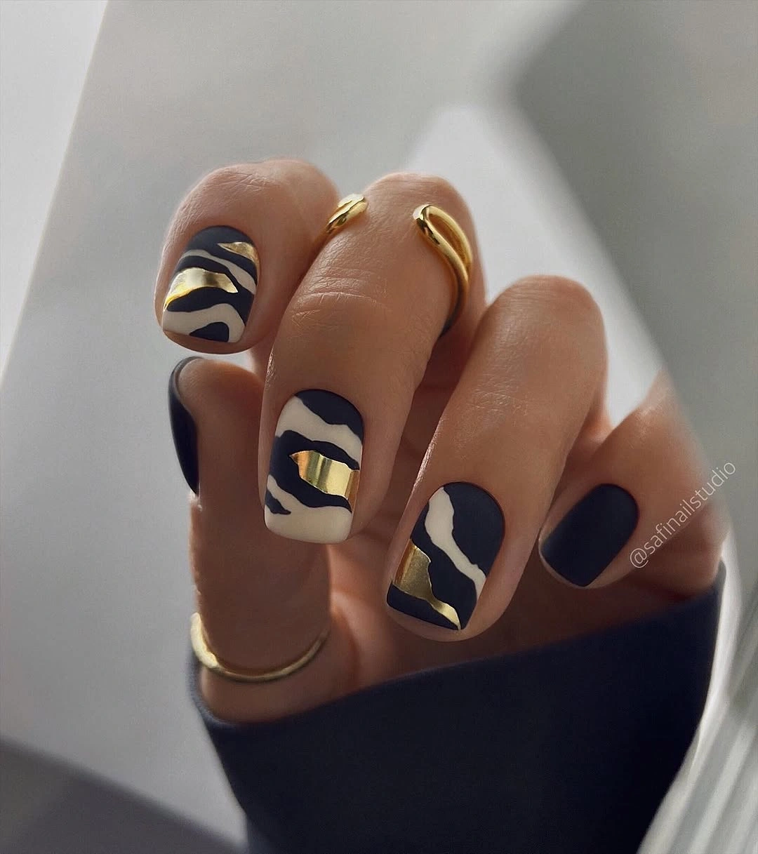 chic fall nail designs for office 2026 Graphic Black and White Nails with Gold Foil