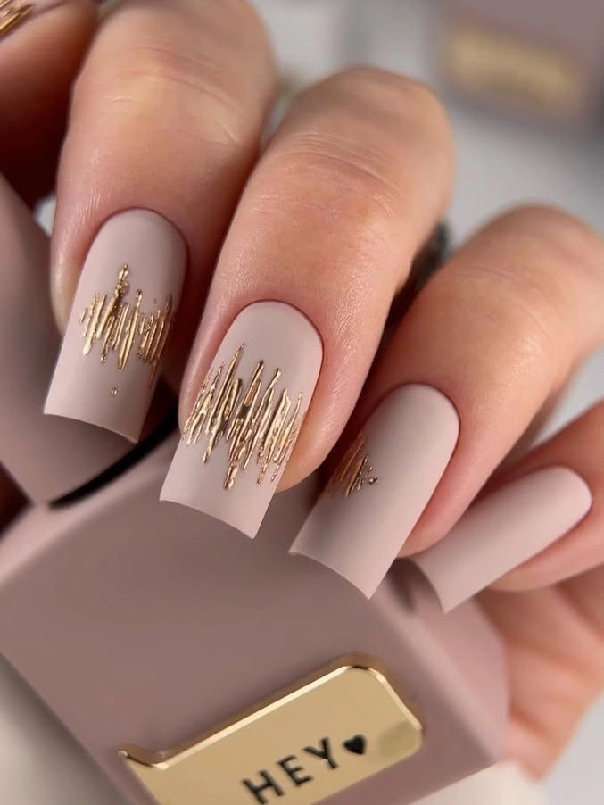 chic fall nail designs for office 2026 Matte Nude Nails with Delicate Gold Texture