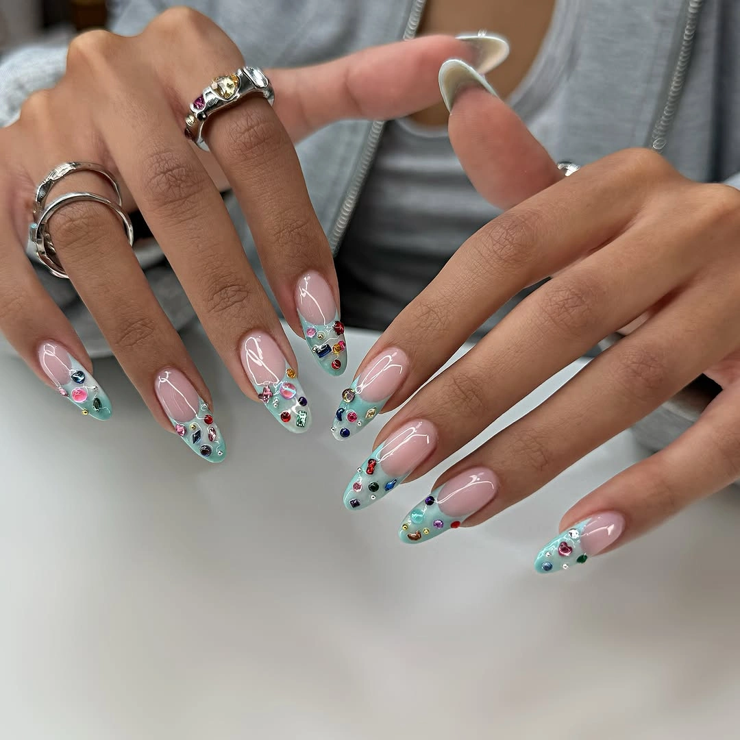chic fall nail designs for office 2026 Delicate Aqua French with Crystal Details