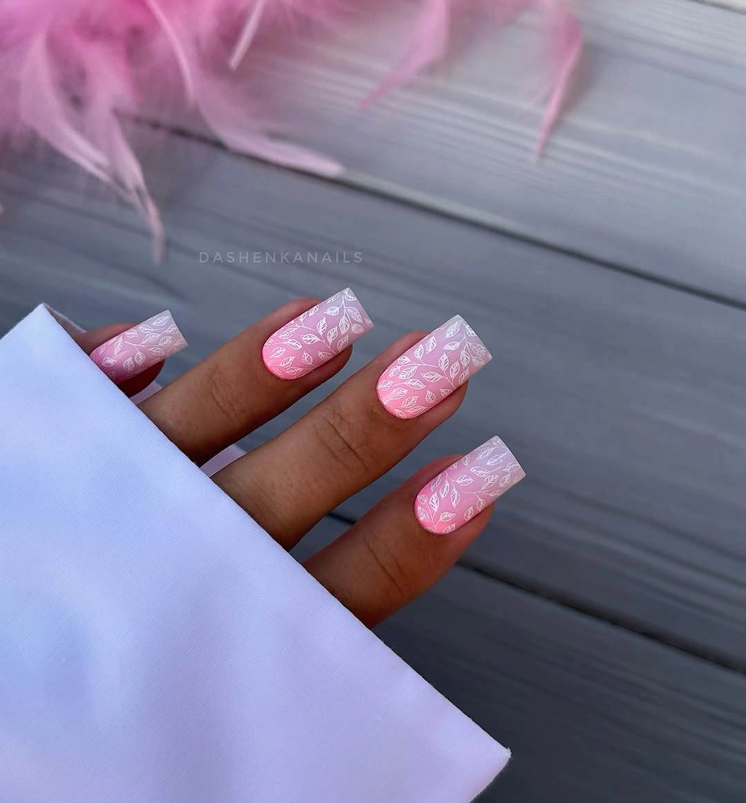 chic fall nail designs for office 2026 Soft Pink Leaf Patterns with Modern Square Nails