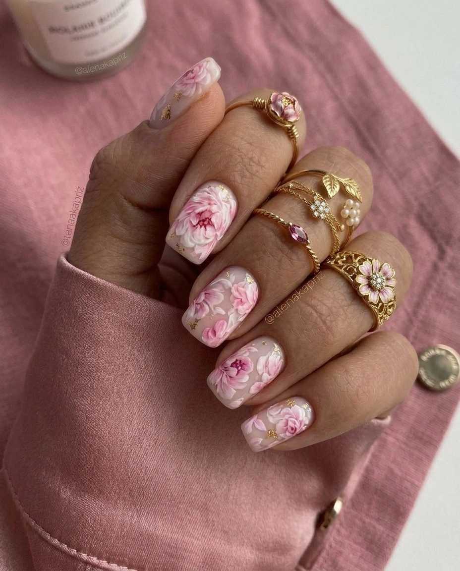 chic fall nail designs for office 2026 Soft Floral Nails with Romantic Fall Charm