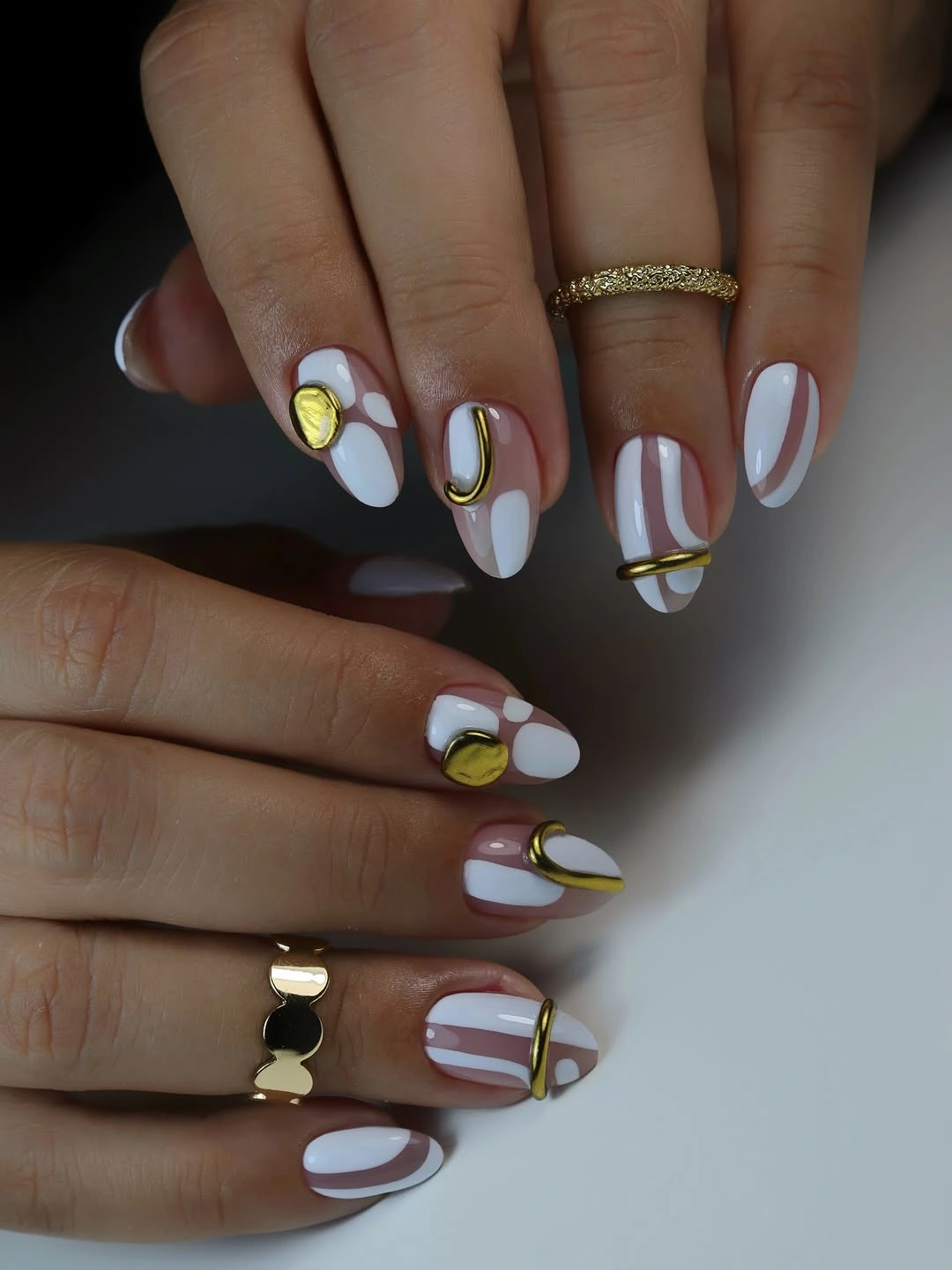 chic fall nail designs for office 2026 Modern White Lines with Gold Accents