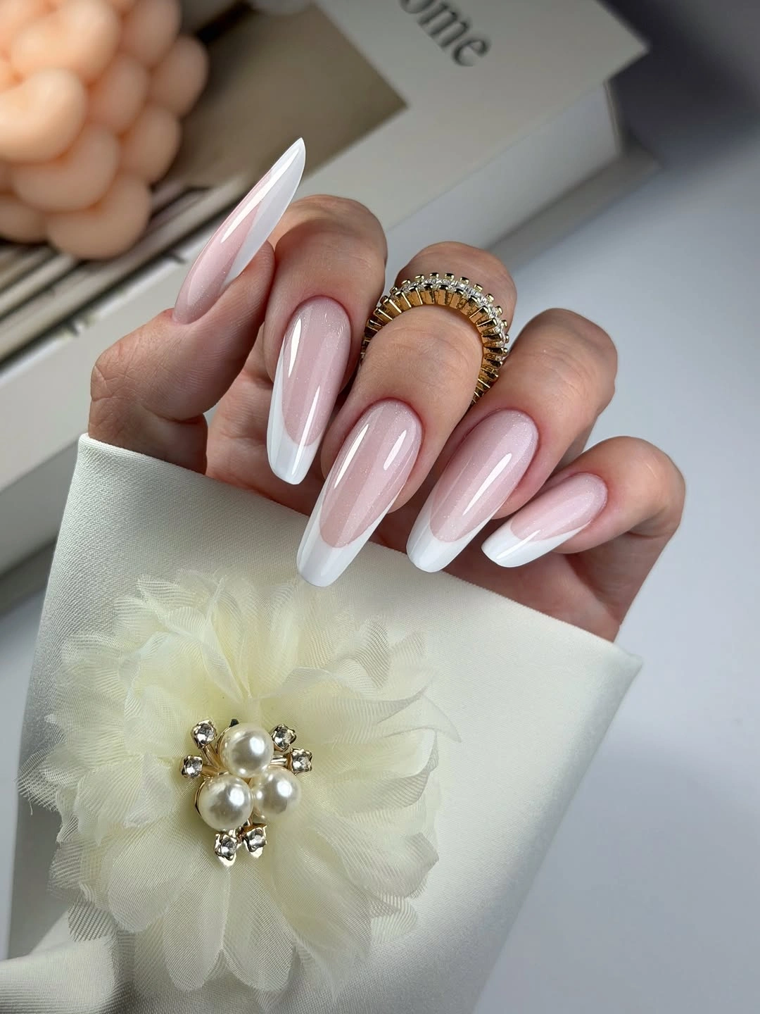 chic fall nail designs for office 2026 Milky French Almond Nails with Soft Shine