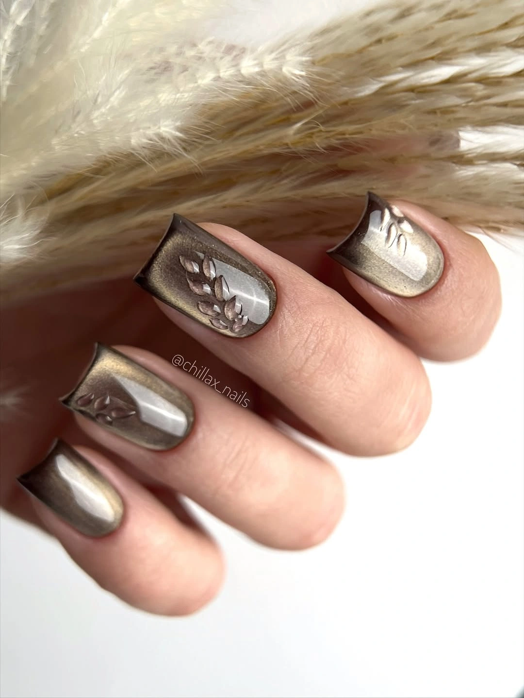 chic fall nail inspiration 2026 Smoky Metallic Leaves for an Elegant Autumn Finish