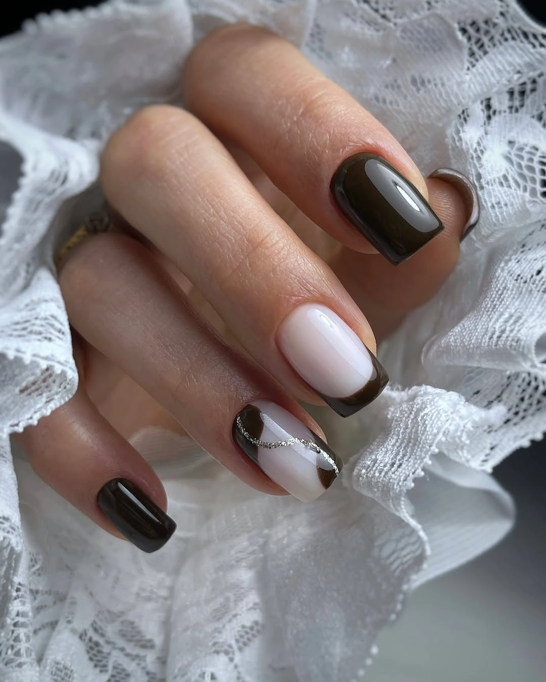 chic fall nail inspiration 2026 Chocolate French Tips with Minimalist Silver Detail