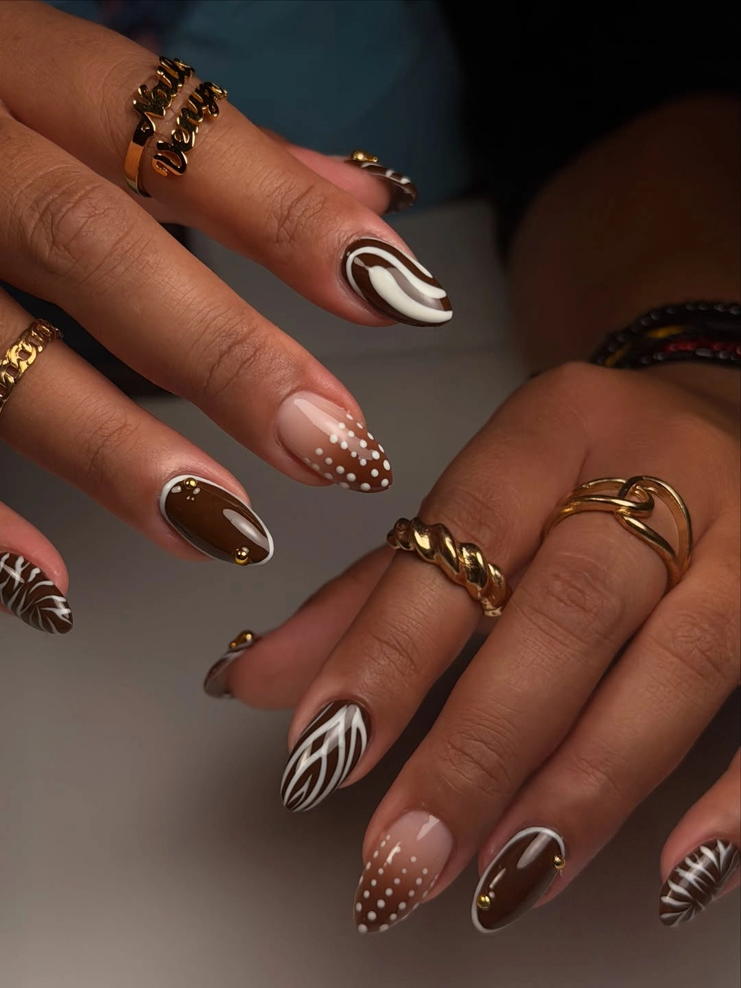chic fall nails for brown skin tone Espresso Swirls With Creamy White Details