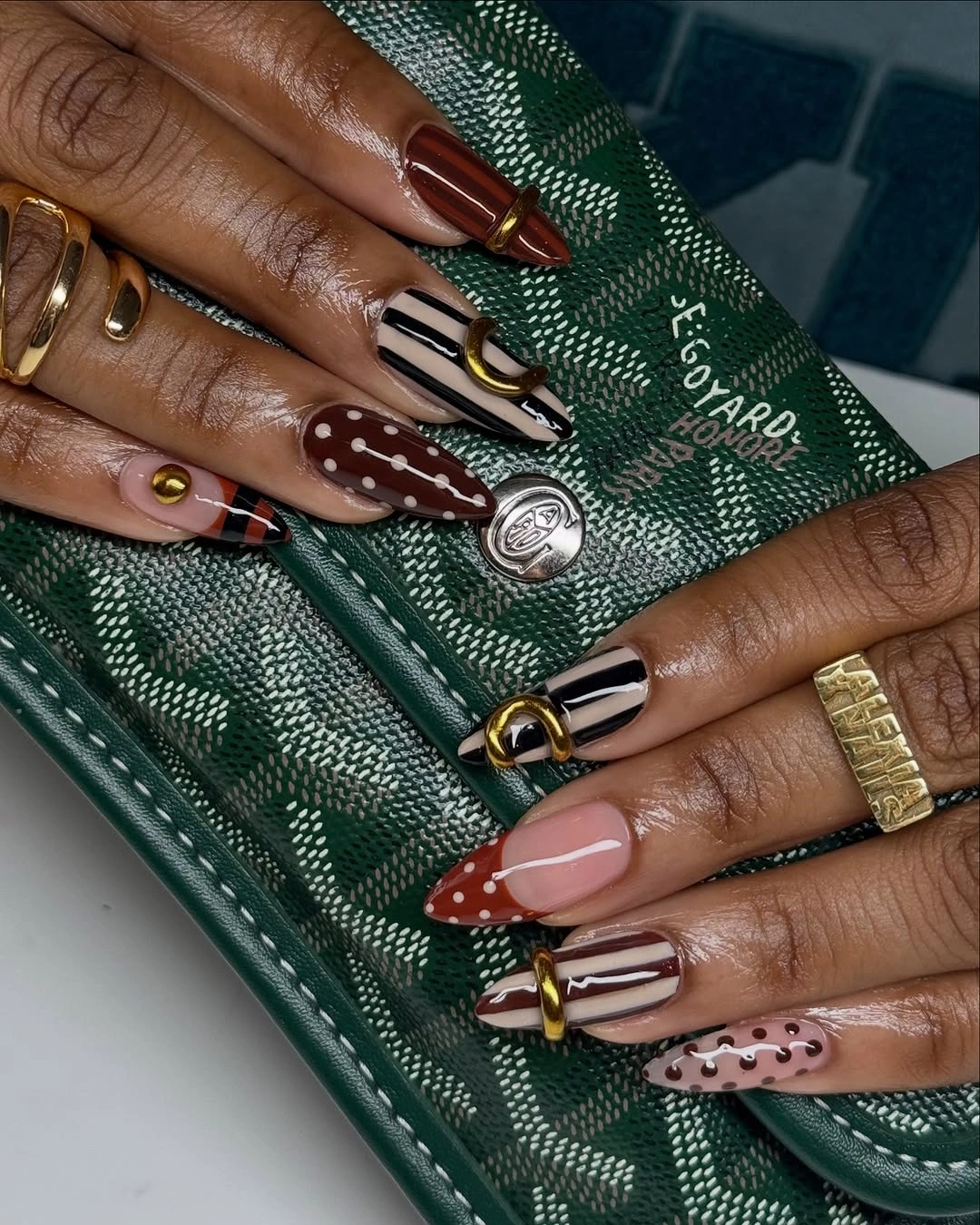 chic fall nails for brown skin tone Chocolate Cherry French With Playful Gold Accents
