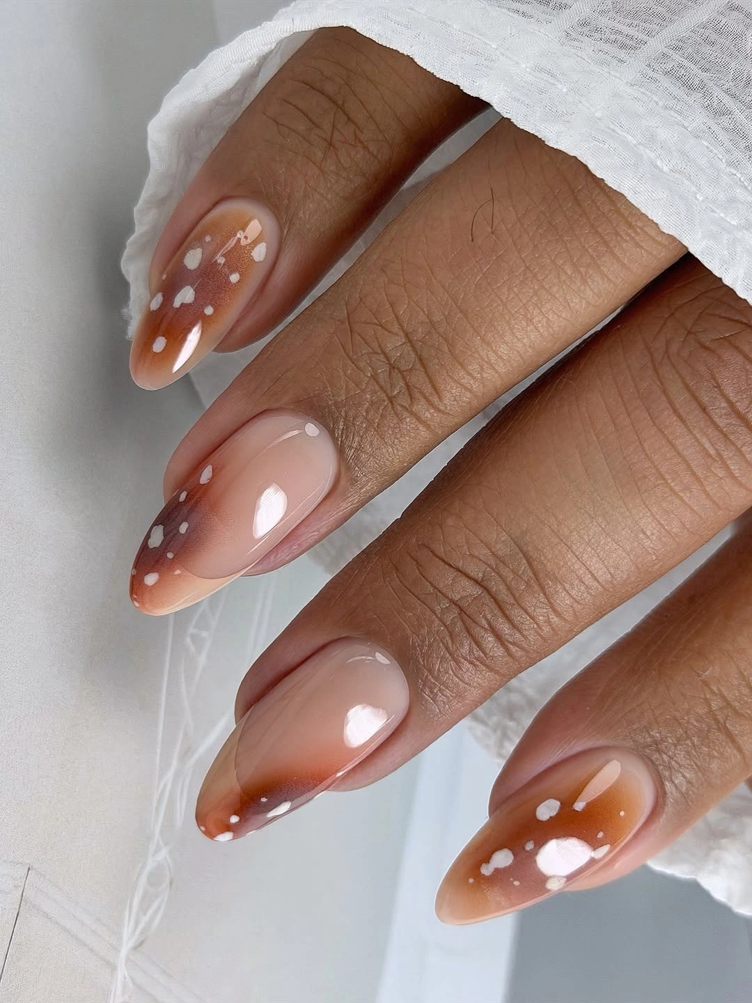 chic fall nails for brown skin tone Caramel Latte Nails With Soft White Dots