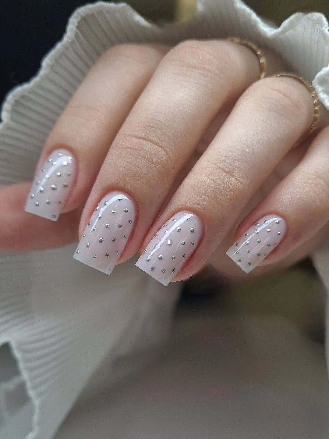 chic fall nails for pale skin 2026 Milky White Nails with Silver Details