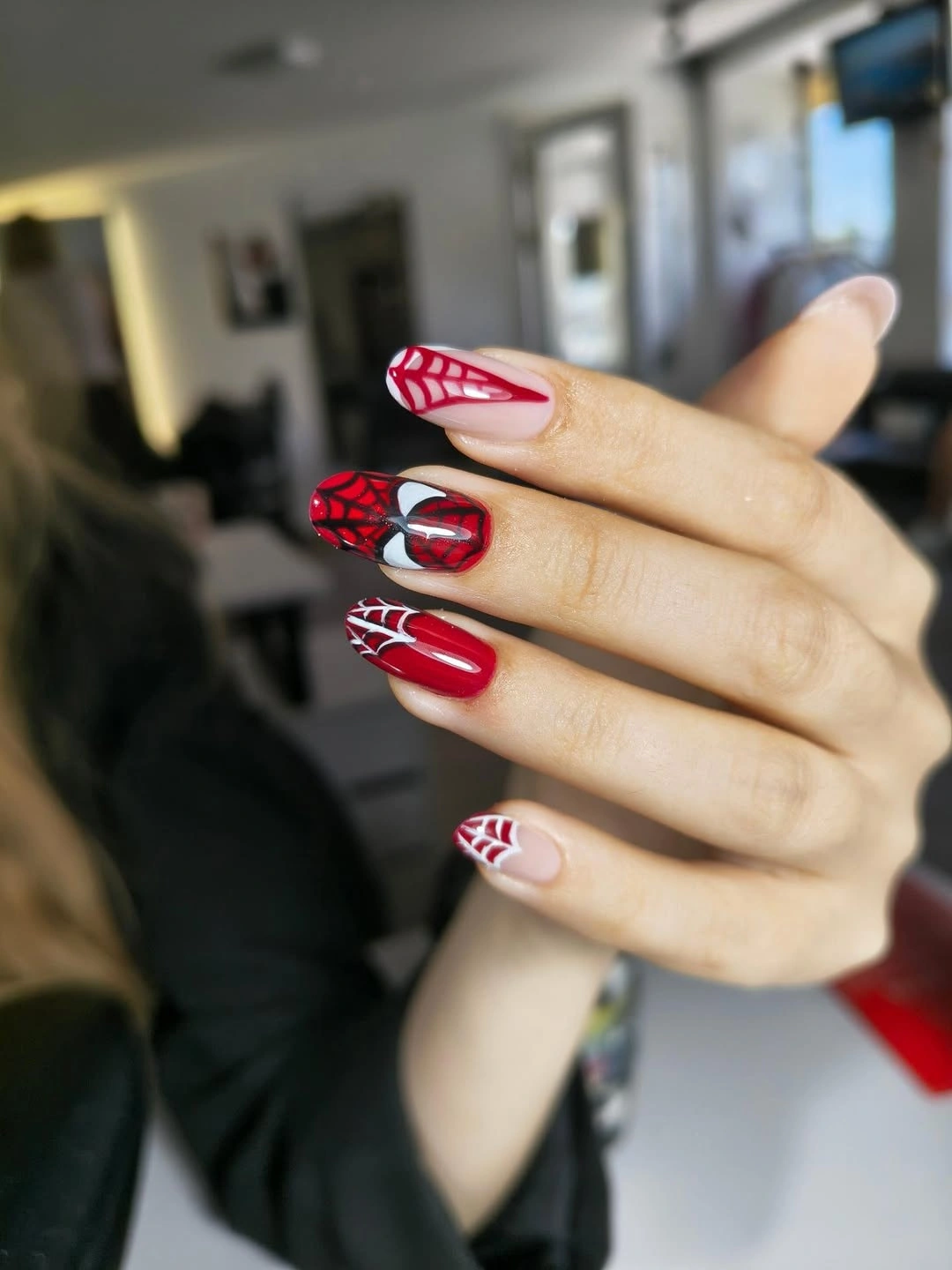 chic fall nails for pale skin 2026 Cherry Red Spiderweb Nails