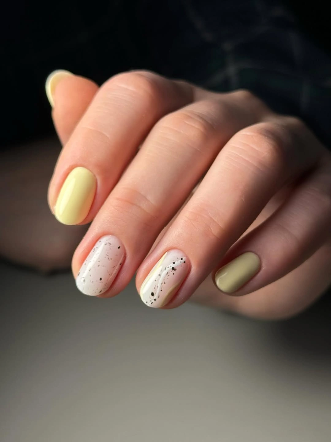 chic fall nails for pale skin 2026 Butter Yellow with Speckled Details
