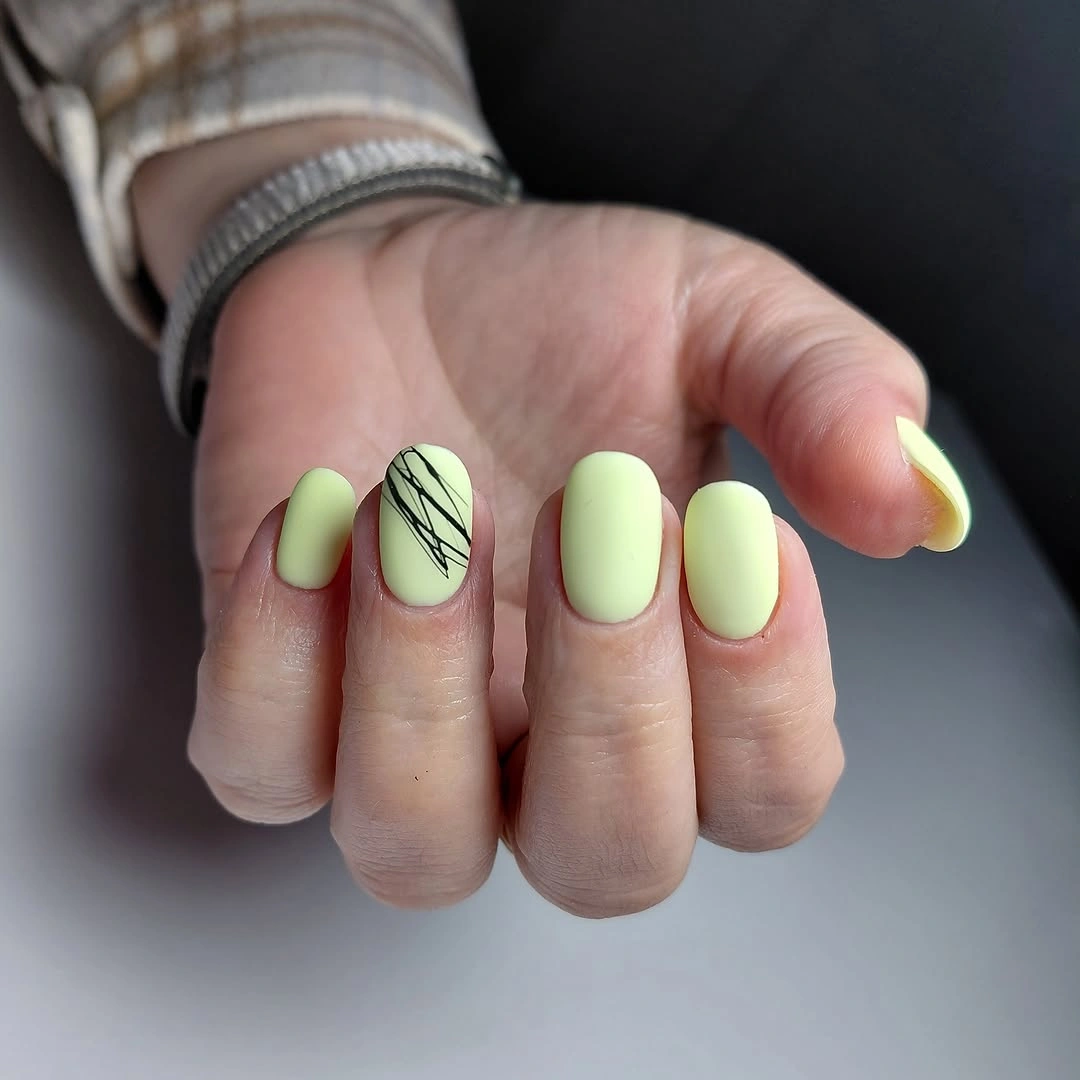 chic fall nails for pale skin 2026 Pastel Lime Green with Fine Black Lines
