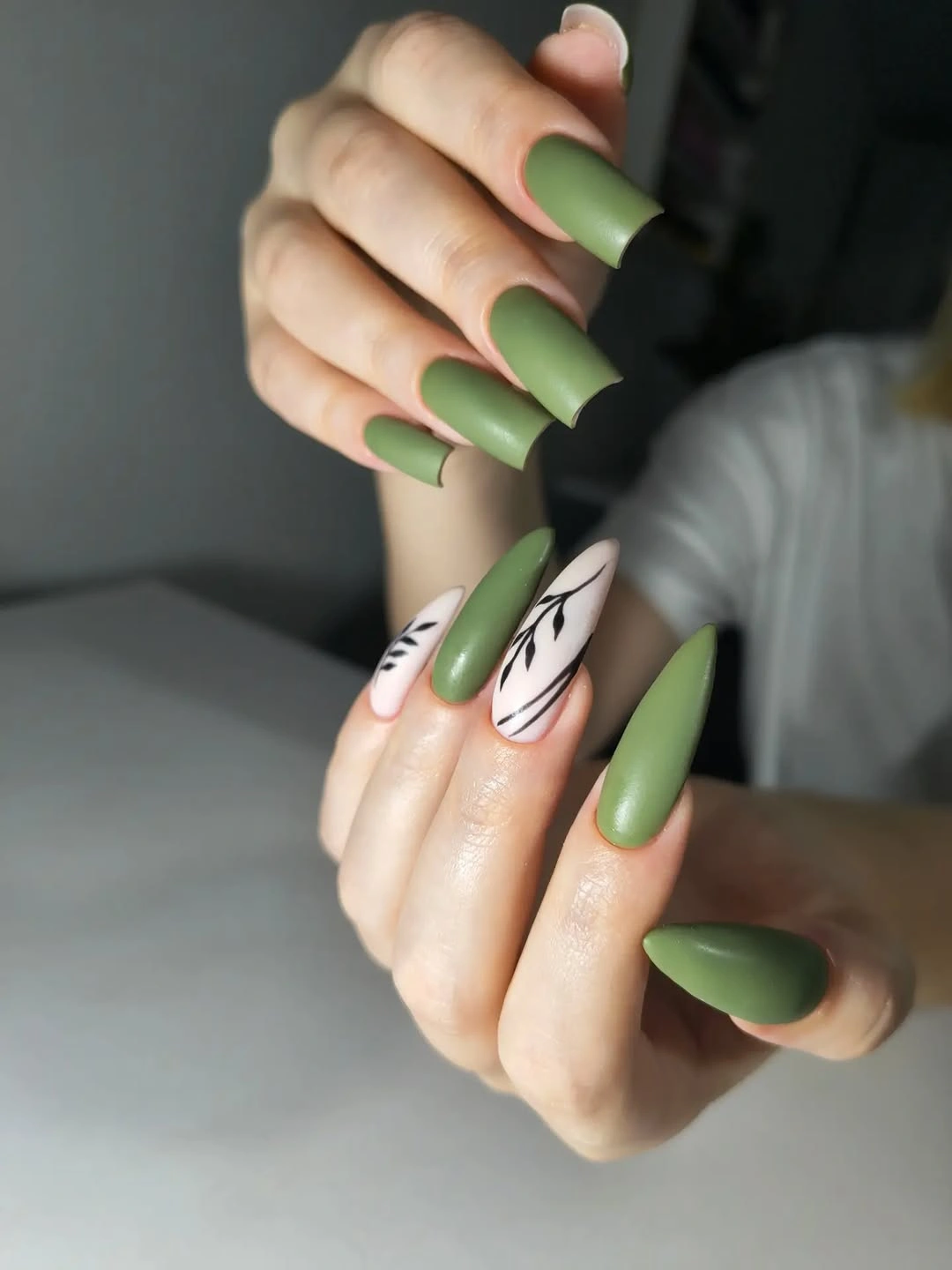 chic fall nails for pale skin 2026 Sage Green with Botanical Nail Art