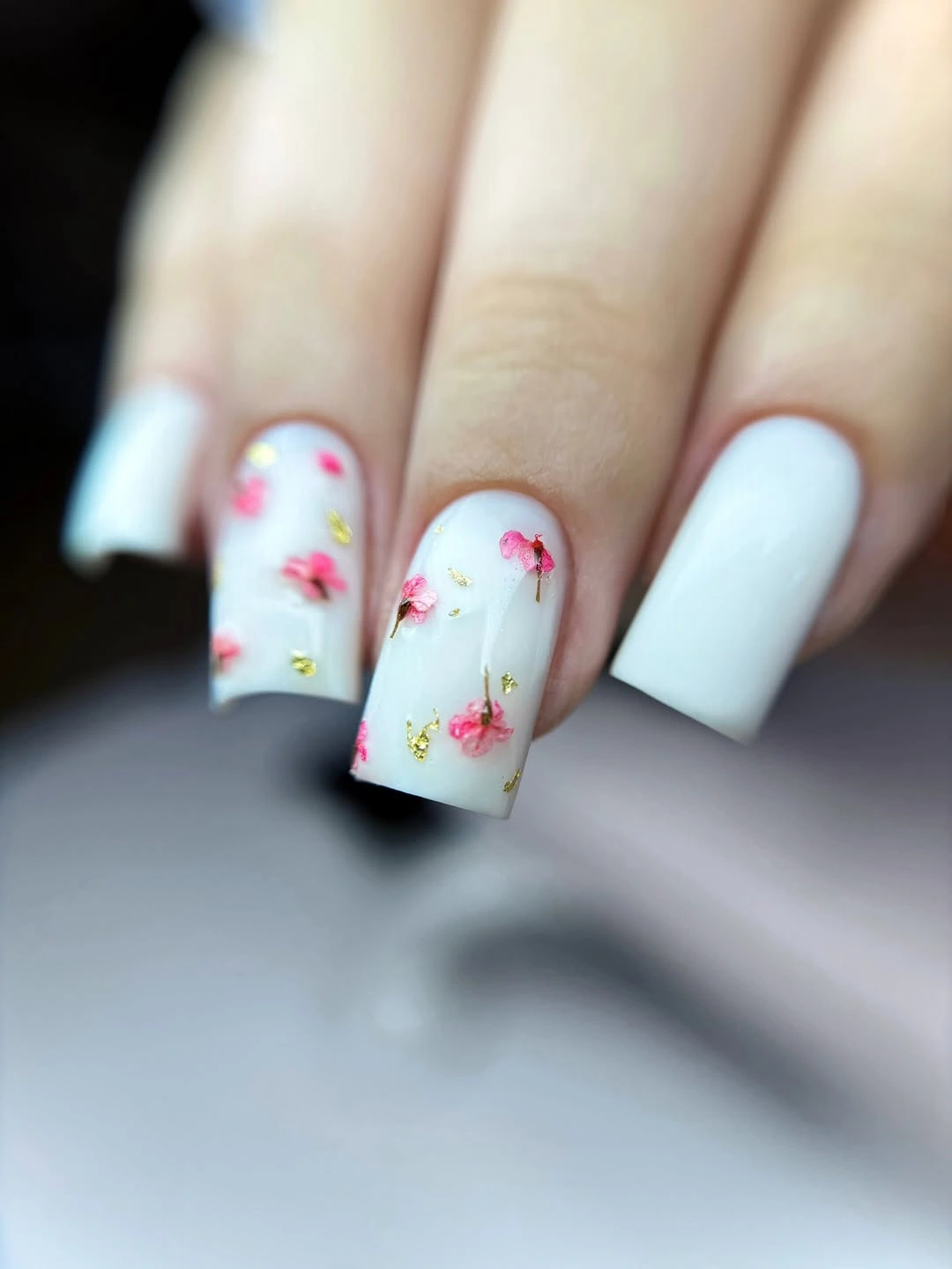 chic fall nails for pale skin 2026 White Nails with Pressed Flower Details