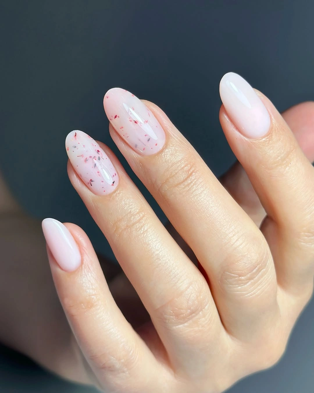 chic fall nails for pale skin 2026 Sheer Pink Nails with Berry Flecks