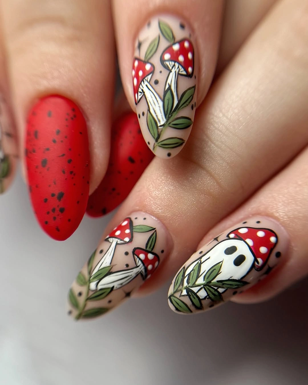 chic fall nails with autumn designs - Red Mushroom Nails With Woodland Fall Details