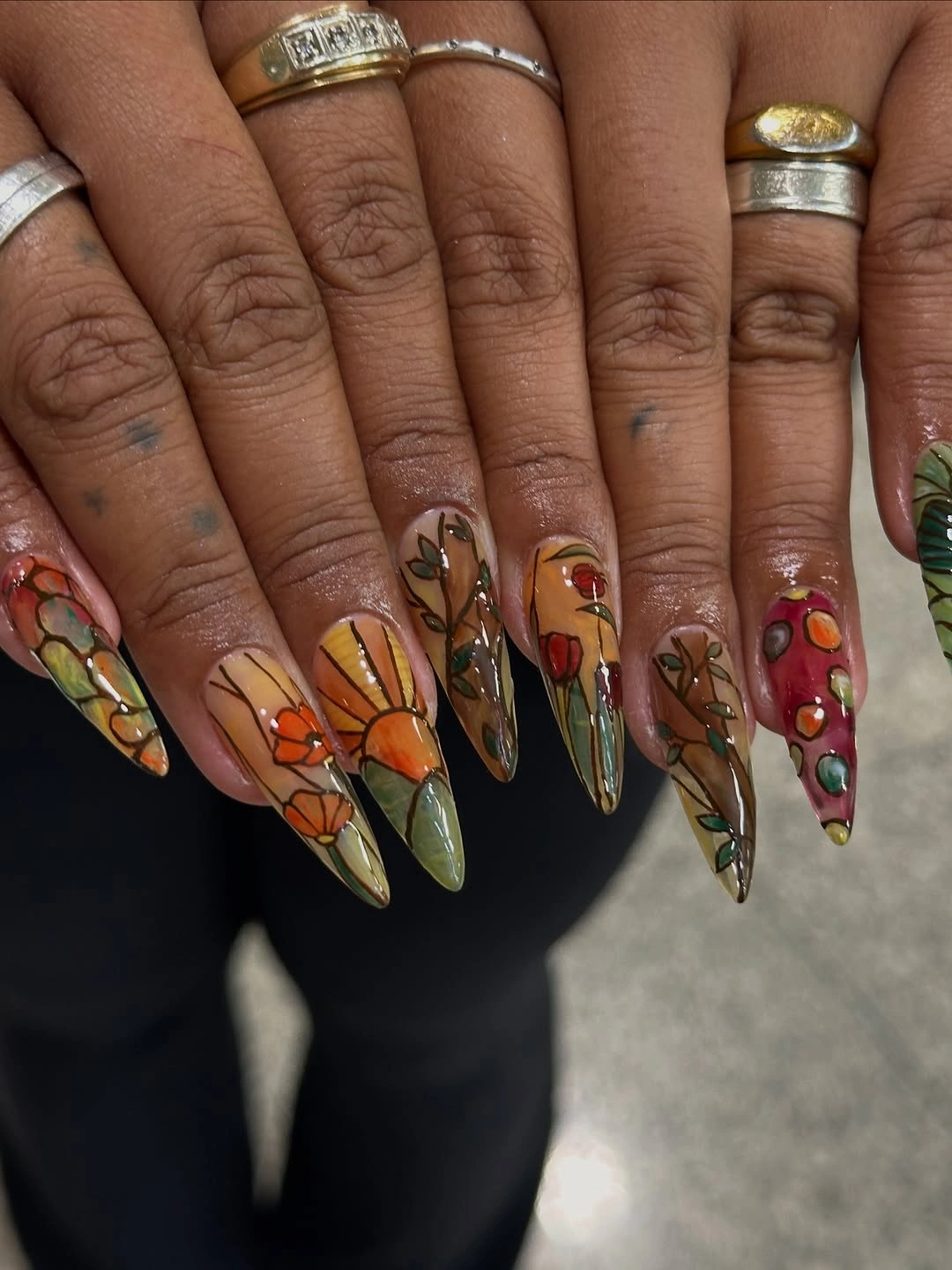 chic fall nails with autumn designs - Autumn Botanical Nails With Amber and Olive