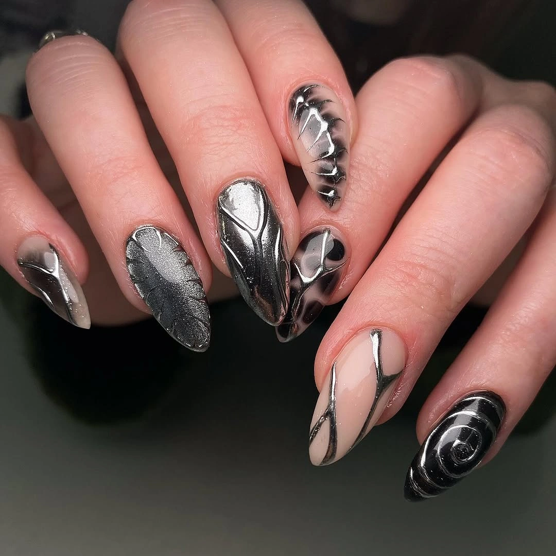 chic fall nails with autumn designs - Silver Chrome Nails With Sculptural Fall Texture