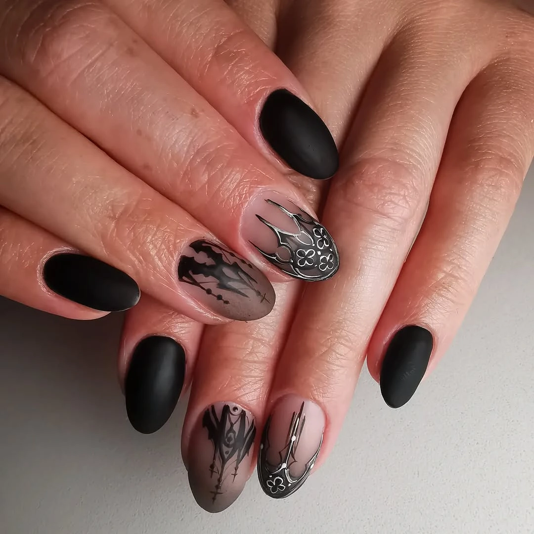 chic fall nails with autumn designs - Black Matte Nails With Delicate Gothic Details