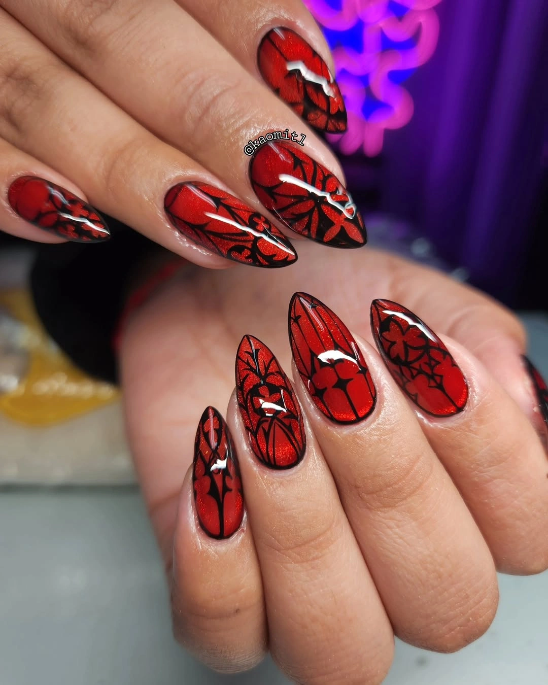 chic fall nails with autumn designs - Red Gothic Nails With Autumn Drama