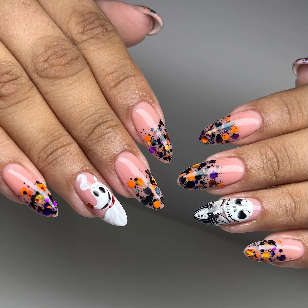 chic fall nails with autumn designs - Playful Pumpkin-Season Confetti on Almond Nails