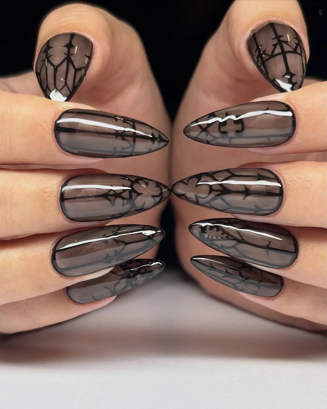 chic fall nails with autumn designs - Smoky Spiderweb Art for Classy Coffin Long Nails