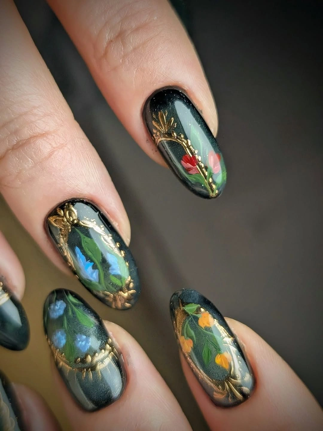 chic fall nails with autumn designs - Botanical Autumn Art With Deep Green and Gold