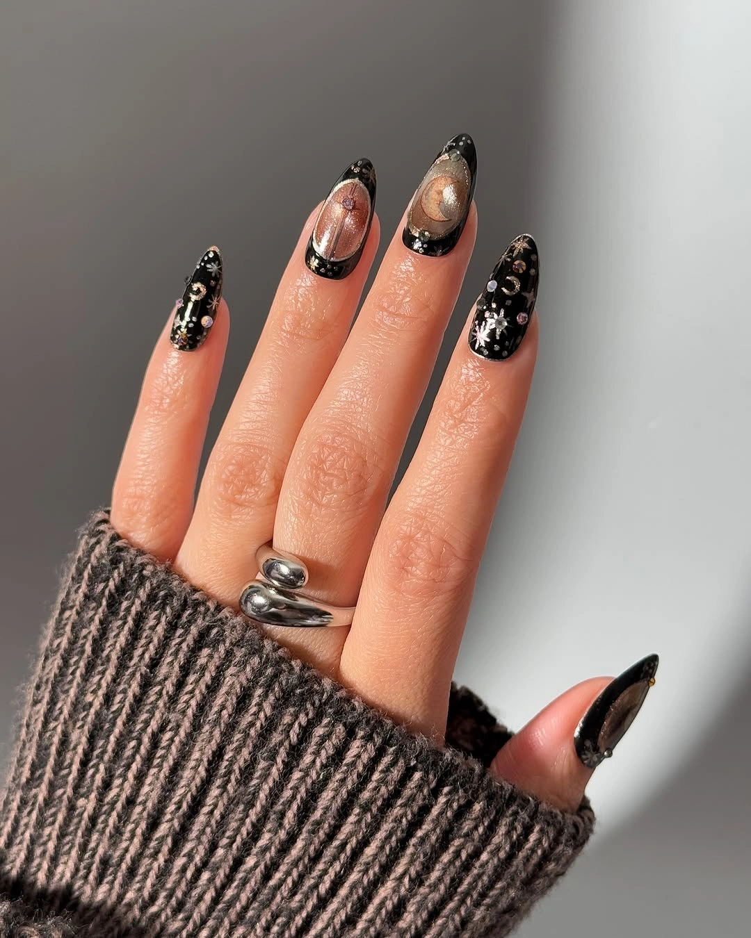 chic fall nails with autumn designs - Dark Celestial Nails With Metallic Autumn Glow